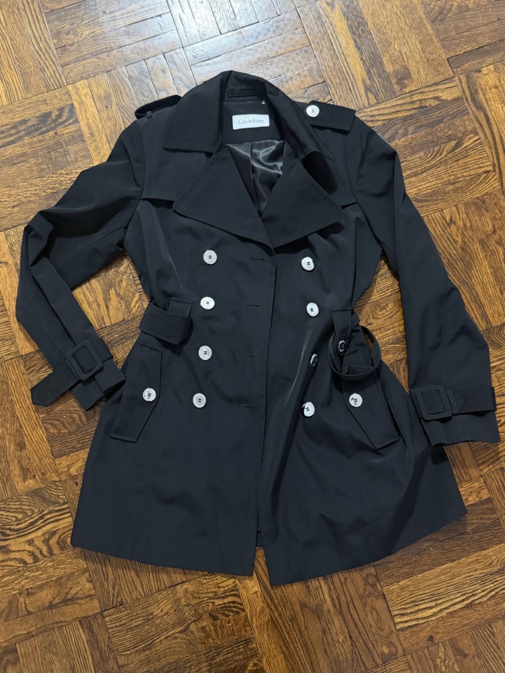 Calvin Klein Black Double-Breasted Short Trench Coat
